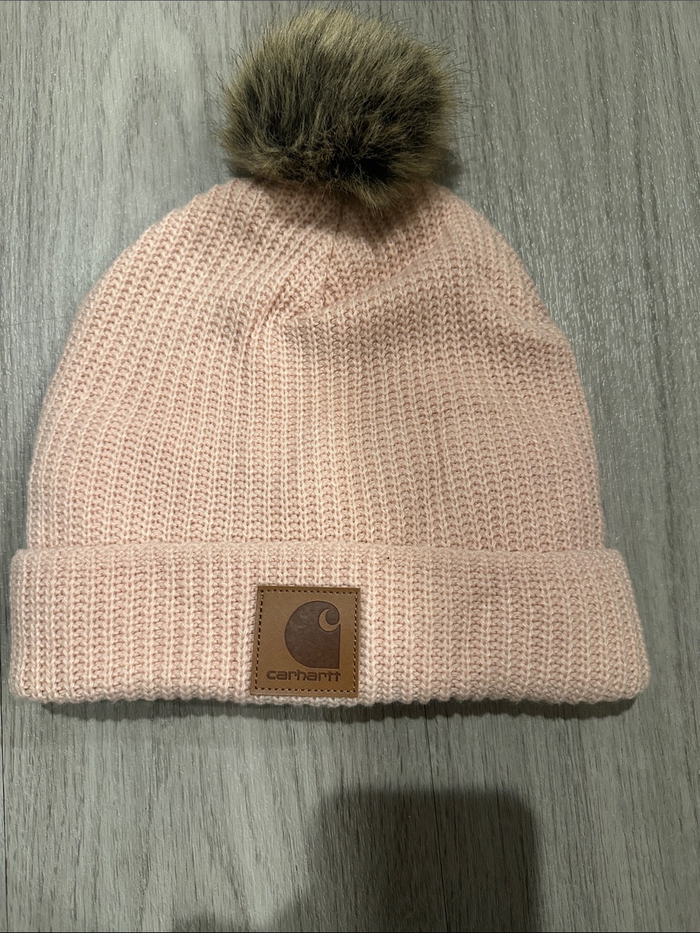 Carhartt Light Pink Knit Beanie with Faux Fur Pom